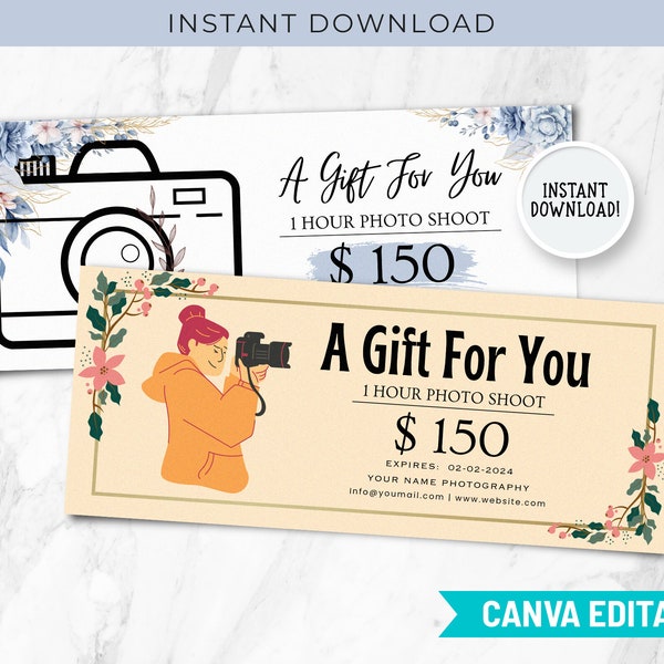 Editable Printable Photography Gift Canva Certificates Templates, Printable Photo Session Gift Card, DIY Personalized Photo Voucher, CT-114