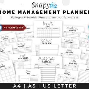 17 Pages Home Management Printable Planner Binder PDF Fillable Bill Payment Grocery Contact Cleaning Checklist A4/A5/US Digital Download