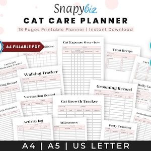 Cat Care Planner Printable, Pet Care Printable Planner, Printable Cat Journal, Cat Records Organizer Cat Health Fillable Digital Download