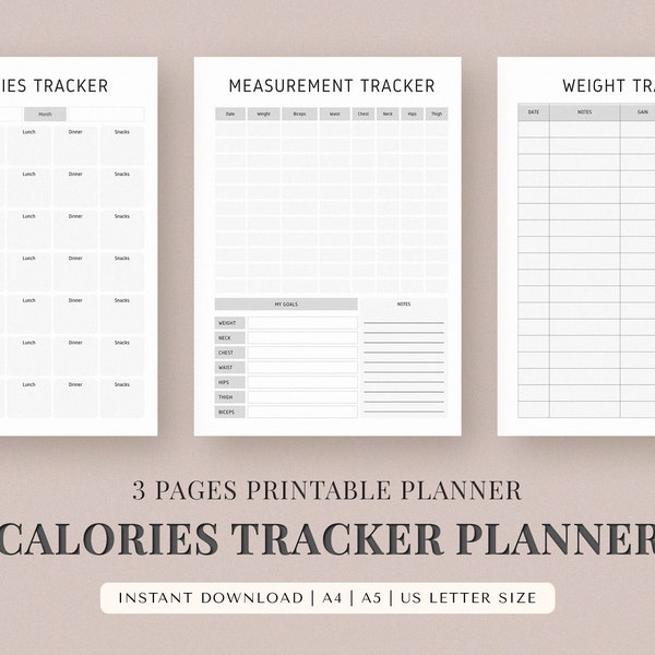 Calories Tracker Printable Planner | Calorie Tracker | Measurement Tracker | Weightloss Tracker | A4 And A5 | US Letter