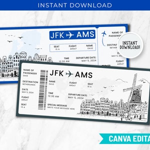 Viaje a Países Bajos Boleto de regalo sorpresa Plantilla Canva Vale de aventura holandés personalizable Boleto imprimible para el tour de Ámsterdam Mínimo BP-193