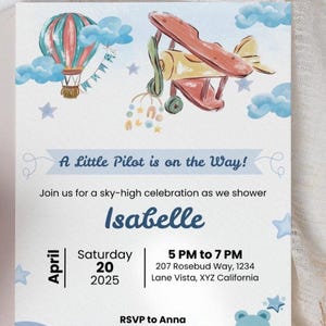 Blue Airplane Baby Shower Invitation, Vintage Airplane Baby Shower Invite, Airplane Baby Shower Invitation Digital, Boy Baby Shower IT-55