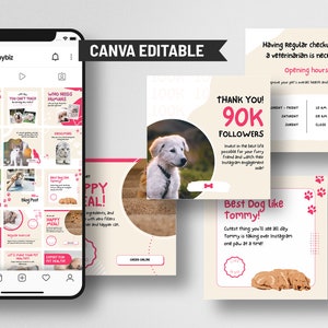Puede incluir: Una colecci&oacute;n de gr&aacute;ficos de redes sociales para un negocio relacionado con perros. Los gr&aacute;ficos presentan una variedad de im&aacute;genes de perros, incluyendo un perro blanco con manchas marrones, un perro marr&oacute;n y blanco, y un perro negro y blanco. Los gr&aacute;ficos tambi&eacute;n incluyen texto como "&iexcl;Gracias! 90K Seguidores", "&iexcl;El mejor perro como Tommy!" y "&iexcl;Comida feliz!"