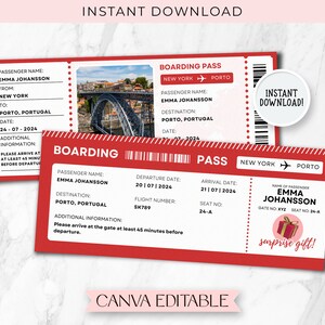 Porto Trip Sorpresa Boleto de Regalo Canva Plantilla Editable Personalizable Porto Traveling Adventure Vale de Regalo Mínimo Imprimible BP-242