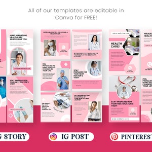 May include: A collection of digital social media templates featuring a pink and white color scheme with medical-themed imagery. The layouts include text placeholders, circular photo frames, and icons for Instagram stories, posts, and Pinterest pins.
