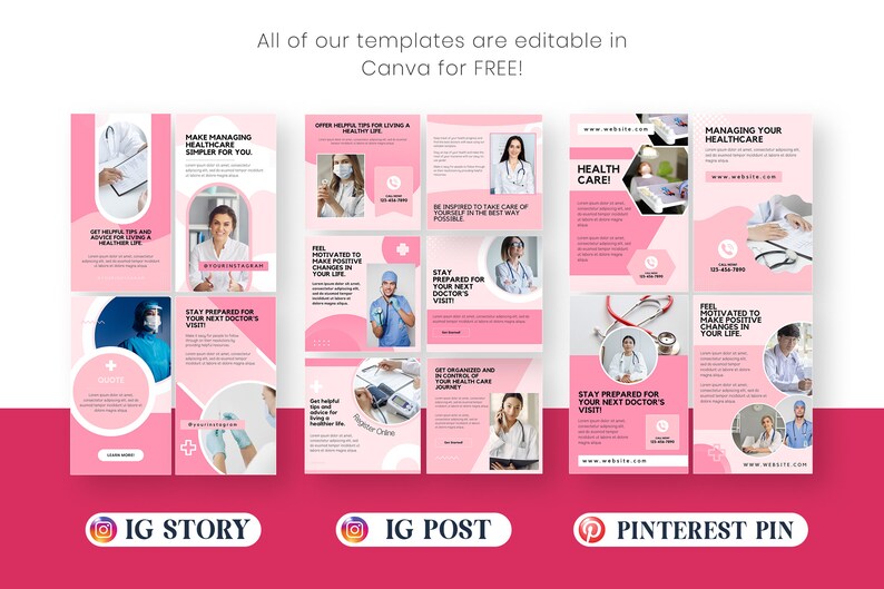 May include: A collection of digital social media templates featuring a pink and white color scheme with medical-themed imagery. The layouts include text placeholders, circular photo frames, and icons for Instagram stories, posts, and Pinterest pins.