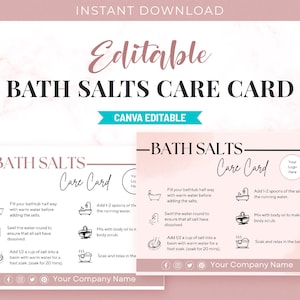 Bath Salts Care Card Template, Editable Canva Templates, Printable Bath Salts Care Instructions Guide, Bath Salts Label Packaging Business