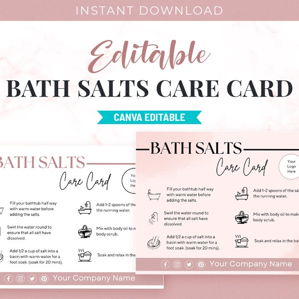 Editable Bath Salts Care Card Template Pdf, Customizable Bath Salts Care Card Design, Printable Bath Salts Care Card Instructions, CC-38-SB