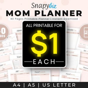 Op de afbeelding: Een roze en witte printbare planner voor moeders met de tekst "Mom Planner" en "40 Pages Printable Planner | Instant Download". De planner bevat pagina's voor afspraken, maandelijkse taken, medicijnvervolging, doktersbezoeken, rekeningen, reizen en meer. De prijs is &euro;1 per stuk.