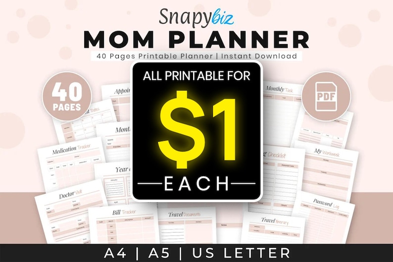Op de afbeelding: Een roze en witte printbare planner voor moeders met de tekst "Mom Planner" en "40 Pages Printable Planner | Instant Download". De planner bevat pagina's voor afspraken, maandelijkse taken, medicijnvervolging, doktersbezoeken, rekeningen, reizen en meer. De prijs is &euro;1 per stuk.