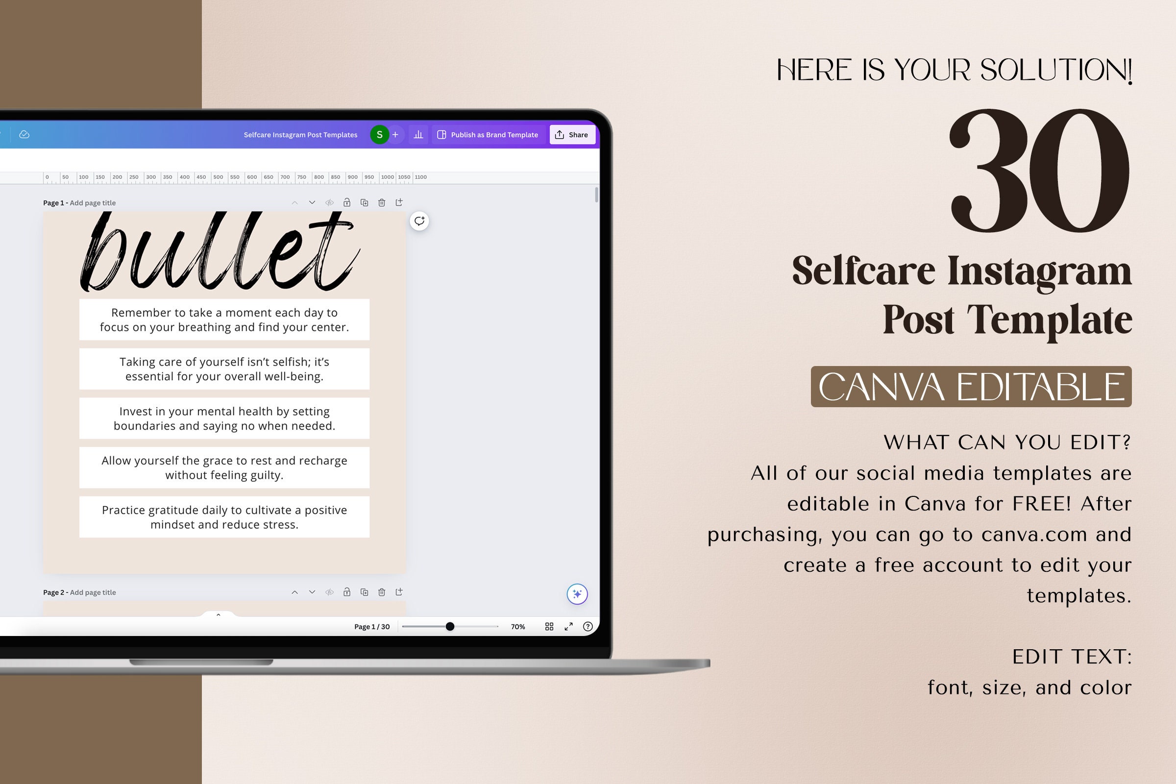 Self Care Templates, Instagram Canva Template, Social Media Content ...