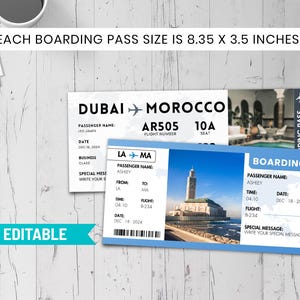 Modèle de carte d'embarquement pour le Maroc, modèles modifiables de toile de billet d'avion pour le Maroc, faux billet d'avion, voyage surprise révéler le billet cadeau BP-375