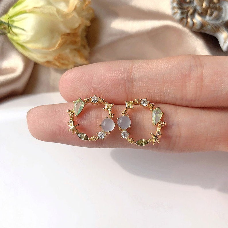 Dainty Circular Gemstone Stud Earrings Sterling Silver Stud Etsy