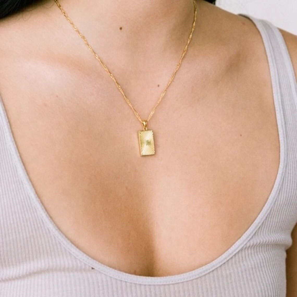 Gold Rectangle Charm Necklace 18K Gold Filled Pendant Etsy