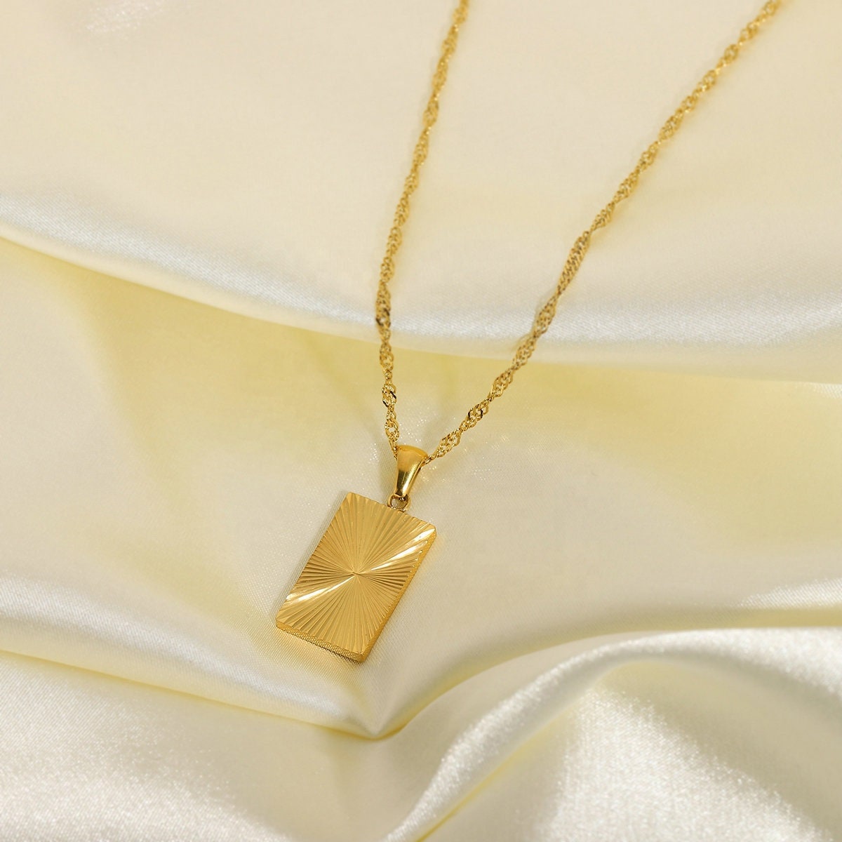 Gold Rectangle Charm Necklace 18K Gold Filled Pendant | Etsy