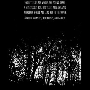 Pode incluir: Imagem em preto e branco de uma floresta com o texto "LAVENDER AMOS CAME TO BRANCHES FOR ANSWERS. FOR BETTER OR FOR WORSE, SHE FOUND THEM. A MYSTERIOUS BOY, HER TRIBE, AND A CRAZED MURDERER WOULD ALL LEAD HER TO THE TRUTH. A TALE OF VAMPIRES, WEREWOLVES, AND FAMILY."