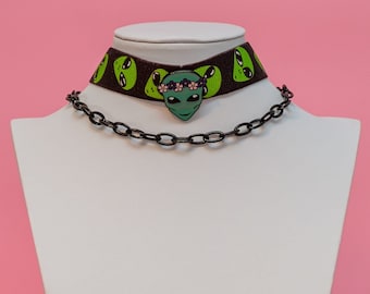 Alien Ribbon Choker, Alien Ketting, Alien Pin Badge, Kawaii Goth Sieraden, Alien Ketting -10080