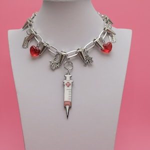 Menhera Necklace, Spikes, Rivets, Syringe Pendant, Gothic Choker, Yami Kawaii Necklace, Spikes Choker, Vampire Charm, Syringe Pendant -10227