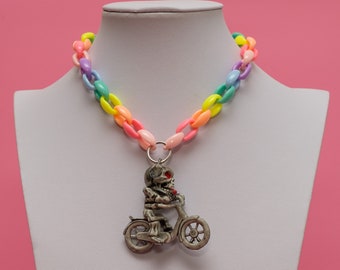Rainbow Necklace, Skeleton Pendant, Skeleton Necklace, Rainbow Chain, Kawaii Necklace, Gothic Necklace, Zombie Pendant, Skull Pendant- 10139