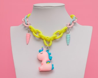 Unicorn Choker, Unicorn Pendant, Kawaii Charms Necklace, Chunky Choker, Rainbow Necklace, Kawaii Pastels Fashion, Harajuku Necklace,  -10244