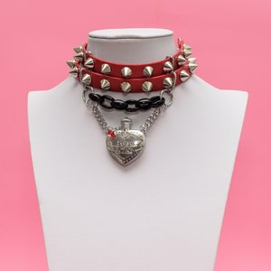 Punk Choker, Red Spikes Choker, Spikes Collar, Love Potion, Red Choker, Heart Pendant, Red Collar, Kawaii Goth Choker - 10236