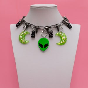 Cyber Green Choker, Spikes Choker, Alien Pendant, Rivets, Neon Green Jewelry, Alien Necklace, Kawaii Moon Stars, Candy Charms - 10282