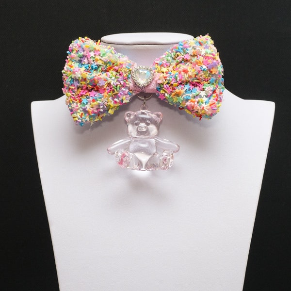 Kawaii Bow Tie, Kawaii Bear Choker, Candy Sprinkles Charms, Rainbow Choker, Harajuku Bear Pendant, Sweets Charms, Pink Bear Pendant - 10339