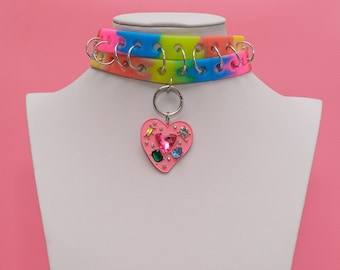 Rainbow Choker, Silicone Choker, Rainbow Heart, Kawaii Goth, Festival Jewelry, O-Ring Choker, Harajuku Fashion, Colorful Jewelry -10345
