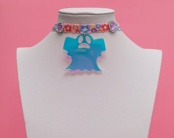 Ghost Choker, Iriserende Ketting, Kawaii Goth Choker, Hippie Bloem Choker, Ghost Hanger, Harajuku Choker, Kawaii Choker - 10320