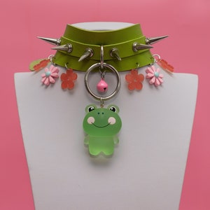 Green Spikes Choker, Kawaii Goth Choker, Harajuku Fashion, Spikes Collar, Green Choker, Green Collar, Kawaii Frog, Spike Bell Choker -10298