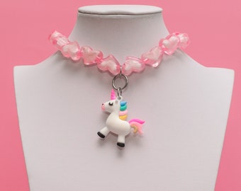 Ras de cou rose kawaii, pendentif licorne, esthétique kawaii, mode Harajuku, pastels kawaii, bijoux coeurs, gros collier -10381