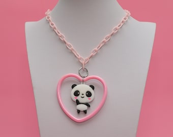 Collier kawaii, panda kawaii, chaîne rose, pastels kawai, rose pastel, mode japonaise, Fairy Kei, Decora - 10287