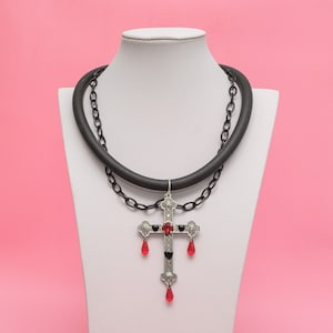 Black Rubber Necklace, Large Cross Pendant, Stunning Cross, 2-Layer Necklace, Victorian Style, Gothic Cross Necklace 10426