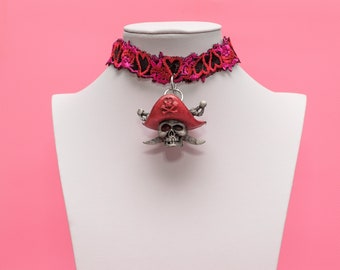 Gothic Red Choker, Punk Choker, Punk Red Choker, Skull and Crossbones Pendant, Skull Choker, Skull Necklace, Red Choker, Gothic Red - 10240