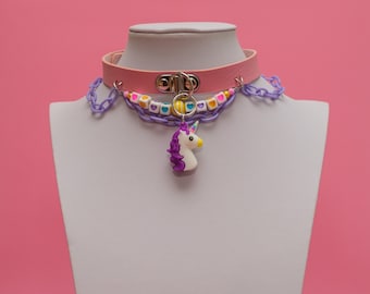 Unicorn Necklace, Unicorn Pendant, Rainbow Choker, PU Leather Choker, Decora Choker, Decora Kei Fashion, Pink Choker, Purple Unicorn -10147