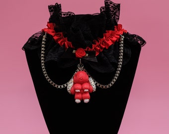 10021 Fantasy Black and Red Lace Kawaii Goth Petplay Cute Bunny Choker Bunny Necklace Garter Collar Lolita Lace Victorian Steampunk Choker