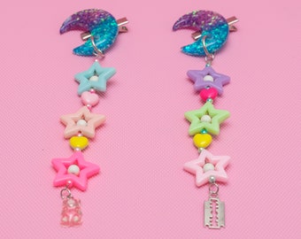 Clip para el cabello Kawaii Moon and Stars, Clips para el cabello colgantes de estrellas, Clips para el cabello de estrellas, Clips para el cabello Sweet Lolita, Clips para el cabello Decora Dangle, Arco iris - 10257