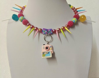 Kawaii Choker, Harajuku Fashion, Colorful Spikes Choker, Camera Pendant, Multi-Colour Spikes, Kawaii Aesthetic - 10471