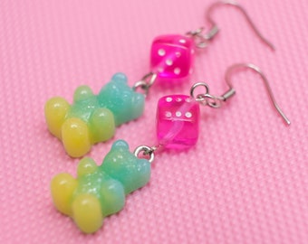 Pastels Earrings Bear Earrings, Dice Earrings, Decora Earrings, Rainbow Earrings, Kawaii Earrings, Dice Charms, Bear Charms -10175
