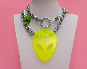 Cyber Alien, Chunky Chain Choker Ketting, Alien Hanger, Alien Choker, Neon Yellow Choker, Punk Rock Sieraden, Wraparound Choker- 10280