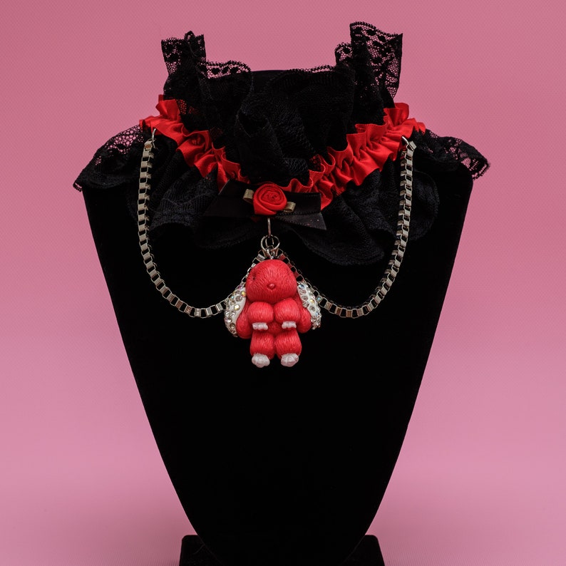 10021 Fantasy Black and Red Lace Kawaii Goth Petplay Cute Bunny Choker Bunny Necklace Garter Collar Lolita Lace Victorian Steampunk Choker