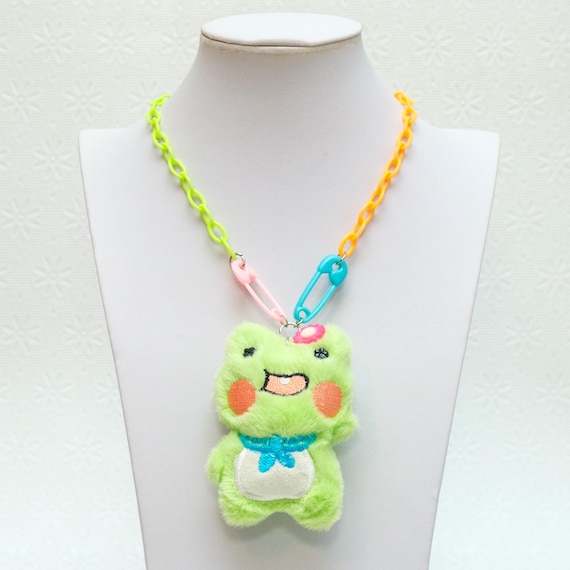 Plush Frog Necklace, Frog Pendant, Statement Necklace, Kawaii Fashion, Harajuku Necklace, Quirky Jewelry, Safety Pin Necklace -10446