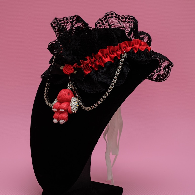 10021 Fantasy Black and Red Lace Kawaii Goth Petplay Cute Bunny Choker Bunny Necklace Garter Collar Lolita Lace Victorian Steampunk Choker