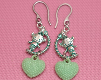 Robot Earrings, Heart Earrings, Kawaii earrings, Y2K Earrings, Green Earrings, Harajuku Earrings, Y2K, Egirl -10442