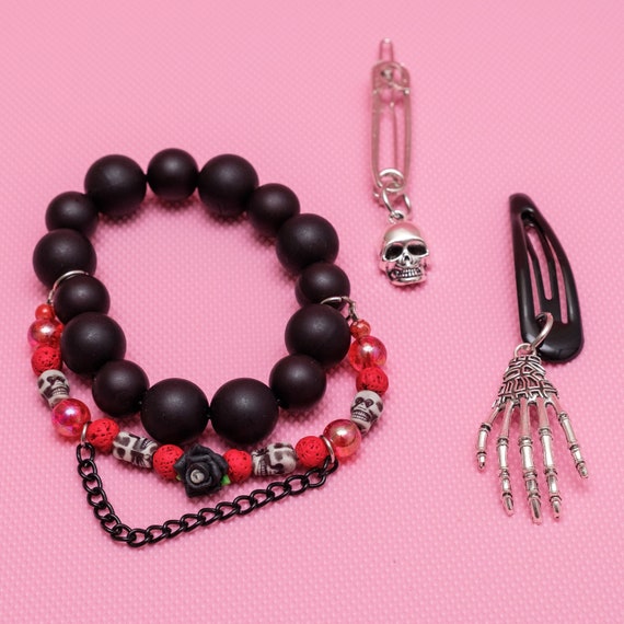 Skull Bracelet, Gothic Bracelet, Skull Hair Clips, Zombie Hair Clip, Kawaii Goth, Gothic Gift Set, Gothic Accessories- 10301