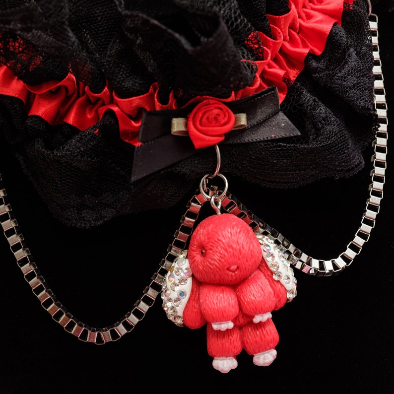 10021 Fantasy Black and Red Lace Kawaii Goth Petplay Cute Bunny Choker Bunny Necklace Garter Collar Lolita Lace Victorian Steampunk Choker