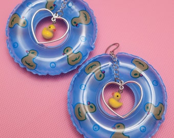 Boucles d'oreilles gonflables, Boucles d'oreilles canard en caoutchouc, Boucles d'oreilles canard jaune, Boucles d'oreilles Kawaii Dangle, Kawaii Blue, Decora Fashion, Boucles d'oreilles coeur -10406