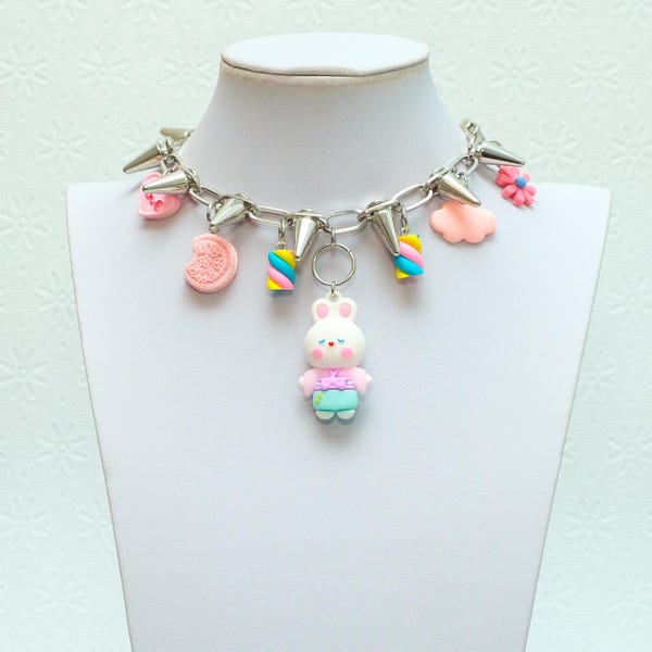 Gargantilla con púas, gargantilla kawaii, conejito Harajuku, collar de dulces, moda japonesa, gargantilla con púas, gargantilla pastel - 10451