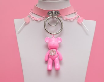 Gargantilla rosa kawaii, oso rosa, cadena rosa, estilo gótico kawaii, gargantilla rosa con aro, dijes de piruleta, moda Harajuku, colgante de oso grande - 10386