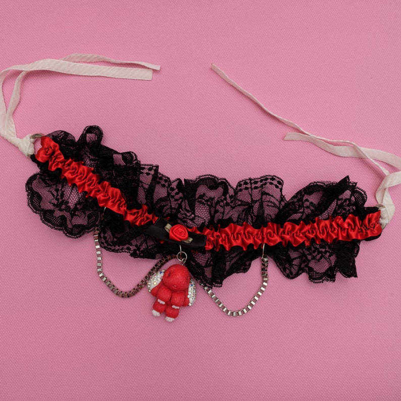 10021 Fantasy Black and Red Lace Kawaii Goth Petplay Cute Bunny Choker Bunny Necklace Garter Collar Lolita Lace Victorian Steampunk Choker